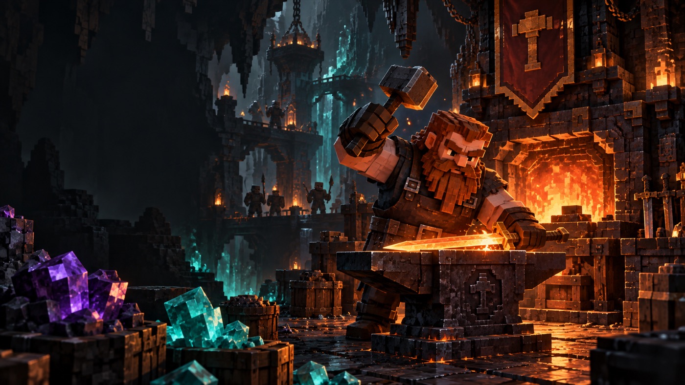 Original block-style blacksmith illustration with a glowing sword, ember forge and crystal ores; not a game screenshot